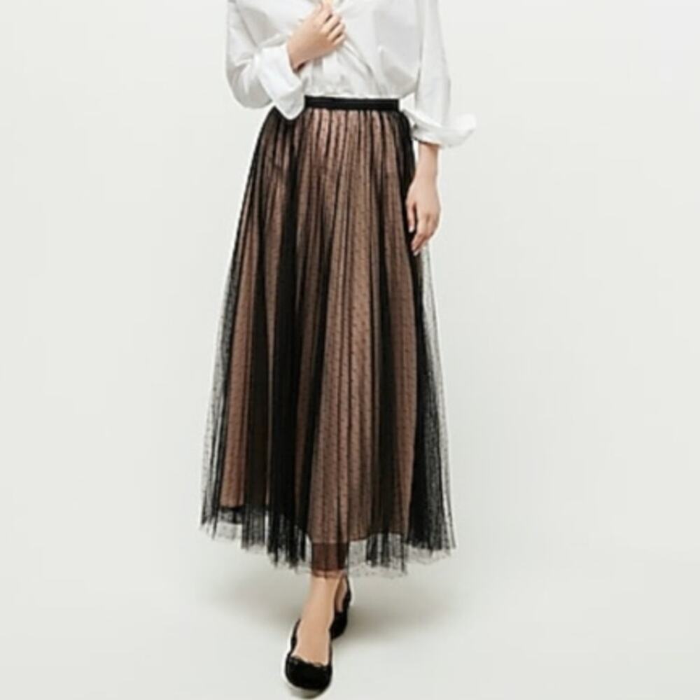 NWT J. Crew Polka Dot Black and Tan Tulle A-line Midi Skirt • Size 00